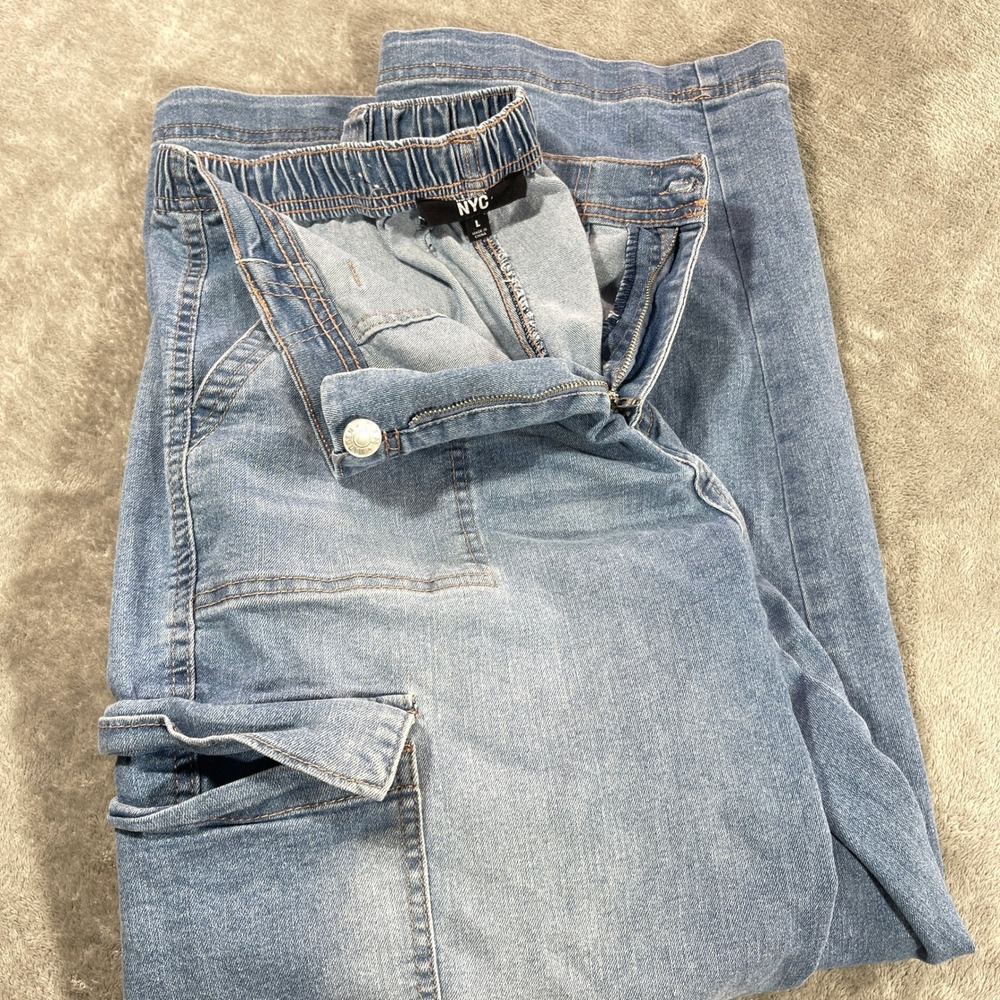 Runway NYC Cargo Jeans Women Large Blue Wide‎ Leg Elastic Waist Utility Denim